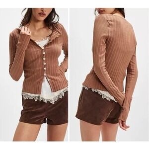 Free People Ribbed Button Down Long Sleeve Top Otter Brown XL